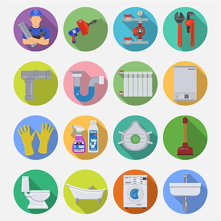 simsearch:400-08784542,k - Plumbing Service Flat Icons Set with Long Shadow on Circle with Plumber, Device and Tools items. Vector illustration. Stockbilder - Microstock & Abonnement, Bildnummer: 400-08784542