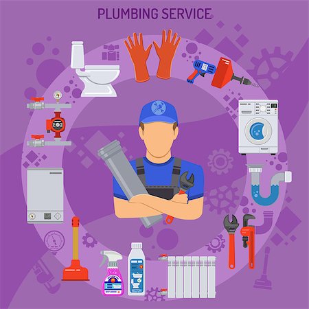 Plumbing Service Concept with Plumber, Tools and Device Flat Icons. Vector illustration. Foto de stock - Super Valor sin royalties y Suscripción, Código: 400-08784553