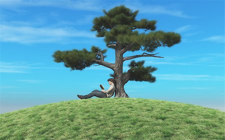 sitting under tree - Man reading a book under a tree. This is a 3d render illustration Photographie de stock - Aubaine LD & Abonnement, Code: 400-08784856