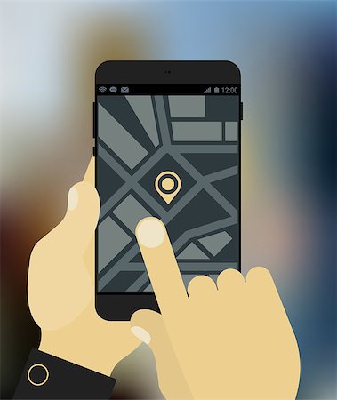 simsearch:400-08645953,k - Flat design hands holding mobile device with navigation app, on trendy blurred background Stock Photo - Budget Royalty-Free & Subscription, Code: 400-08784853