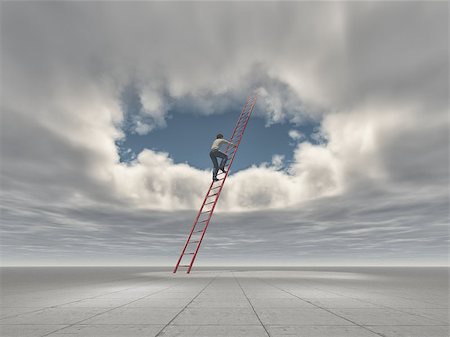 simsearch:400-04029058,k - Man climb a ladder to a hole in the sky. This is a 3d render illustration Stock Photo - Budget Royalty-Free & Subscription, Code: 400-08784866