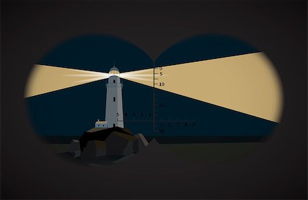 View from the binoculars with metrics on lighthouse on rocks at night in the sea Stock Photo - Budget Royalty-Free & Subscription, Code: 400-08786068
