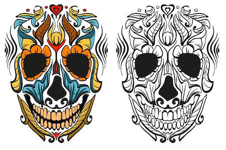 simsearch:400-07034577,k - Decorated human skull for holiday Day of Dead. Isolated on white vector illustration Stock Photo - Budget Royalty-Free & Subscription, Code: 400-08786187