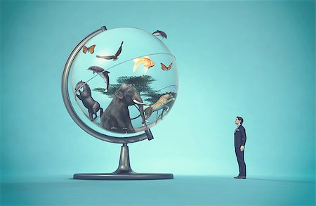 Man concerned by a globe with animals on blue background. This is a 3d render illustration Foto de stock - Super Valor sin royalties y Suscripción, Código: 400-08786195