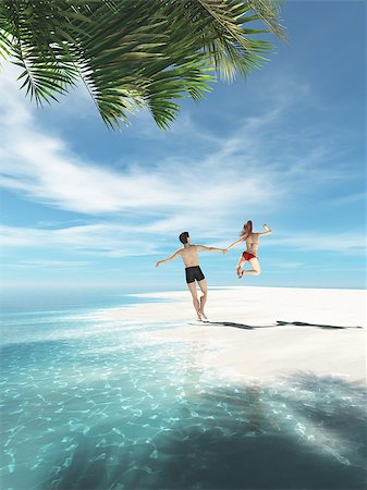 family outdoors and bright sun - Young couple dancing and jumping at tropical beach in front of a palm tree. This is a 3d render illustration Stock Photo - Budget Royalty-Free & Subscription, Code: 400-08786204
