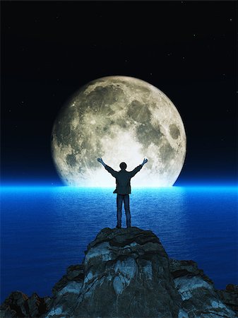 simsearch:400-03966356,k - Grateful man with his hands raised on the mountain top on background of the sea in the moonlight night. This is a 3d render illustration Stock Photo - Budget Royalty-Free & Subscription, Code: 400-08786209