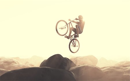 Cyclist jumping  on a rock. This is a 3d render illustration Stock Photo - Budget Royalty-Free & Subscription, Code: 400-08786203