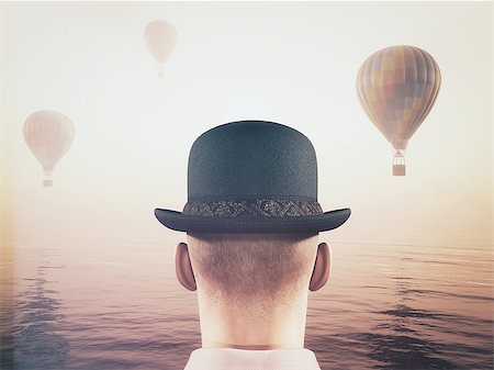 Man wearing a hat and looking at hot air balloons flying through the sky. This is a 3d render illustration Stock Photo - Budget Royalty-Free & Subscription, Code: 400-08786210