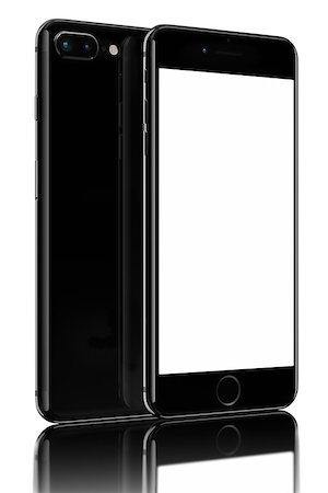 Jet Black SmartPhone Plus with dual photo camera on black background. Devices displaying blank screen. Foto de stock - Super Valor sin royalties y Suscripción, Código: 400-08786269
