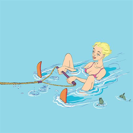 Beautiful girl water skiing, hand drawn line art illustration. Sports and recreation of the sea Stock Photo - Budget Royalty-Free & Subscription, Code: 400-08786275
