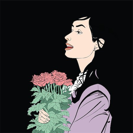 Beautiful woman with a bouquet of roses flowers, hand drawn line art illustration. young brunette on a black background Stock Photo - Budget Royalty-Free & Subscription, Code: 400-08786277