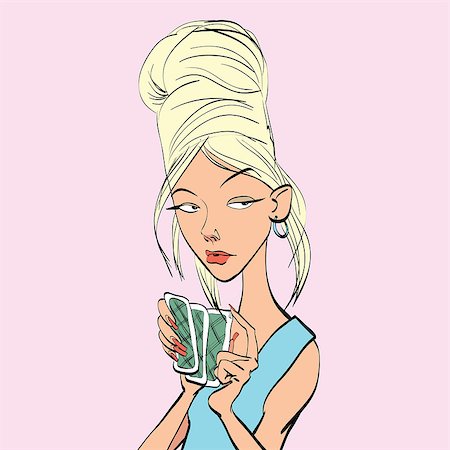 Poker face woman playing cards, hand drawn line art illustration Stock Photo - Budget Royalty-Free & Subscription, Code: 400-08786281