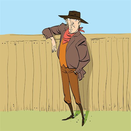 ranch cartoon - Cowboy in full figure standing near a fence, hand drawn line art illustration Stock Photo - Budget Royalty-Free & Subscription, Code: 400-08786282