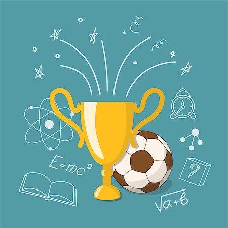 flat soccer ball - Modern flat concept for education time with football ball, winner cup and hand drawn icons and symbols on the  turquoise background - eps 10 Stock Photo - Budget Royalty-Free & Subscription, Code: 400-08786391