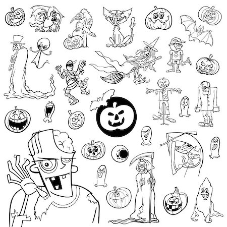 simsearch:400-04203876,k - Black and White Cartoon Illustration of Halloween Holiday Themes and Design Elements Set Stock Photo - Budget Royalty-Free & Subscription, Code: 400-08786545