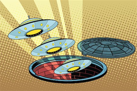 simsearch:400-06091348,k - UFOs fly out of the sewers, pop art retro vector illustration Photographie de stock - Aubaine LD & Abonnement, Code: 400-08786581