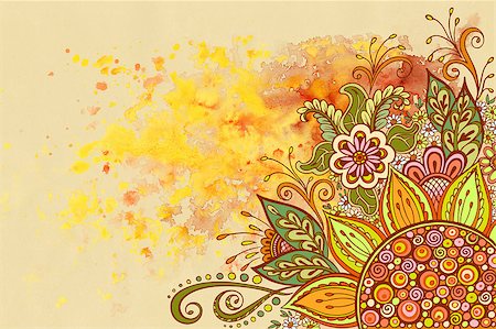 simsearch:400-05305234,k - Floral Pattern, Symbolic Flowers and Leafs, Colorful Ornament on Hand-Draw Watercolor Painting Background Stockbilder - Microstock & Abonnement, Bildnummer: 400-08787177