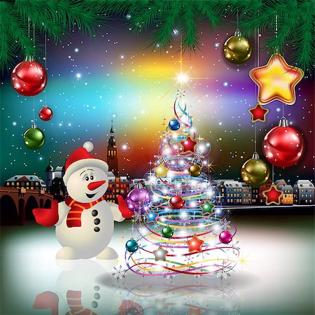 Christmas greeting with panorama of old city and snowman Stock Photo - Budget Royalty-Free & Subscription, Code: 400-08787183