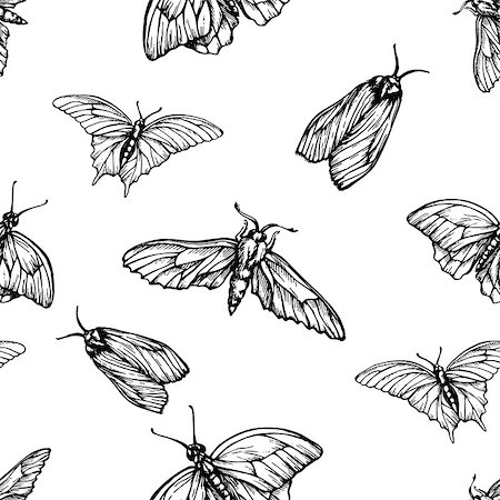 simsearch:400-08787096,k - Vector seamless pattern with butterflies. Stylish graphic texture. Monochrome repeating print. Black and white engraving hand-drawn vector moths. Photographie de stock - Aubaine LD & Abonnement, Code: 400-08787209