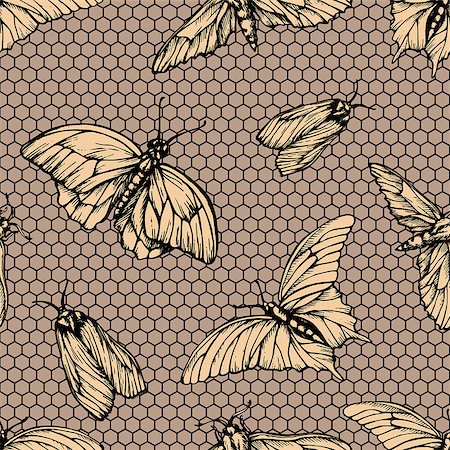 simsearch:400-08787096,k - Vector seamless pattern with butterflies on net . Stylish graphic lattice texture. Repeating print in yellow color old-styled background. Photographie de stock - Aubaine LD & Abonnement, Code: 400-08787302
