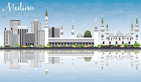 simsearch:400-09047606,k - Medina Skyline with Gray Buildings, Blue Sky and Reflections. Vector Illustration. Business Travel and Tourism Concept with Historic Buildings. Image for Presentation Banner Placard and Web Site. Stock Photo - Budget Royalty-Free & Subscription, Code: 400-08787366