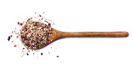 simsearch:400-06365740,k - Homemade Herb and Spices Salt with Dried Chili Pepper, Rosemary, Thyme and Coriander in Wooden Spoon isolated on White background Stockbilder - Microstock & Abonnement, Bildnummer: 400-08787385