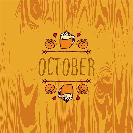 simsearch:400-08793659,k - Hand-sketched typographic element with pumpkins, hearts, pumpkin spice latte and text on wooden background. October Stock Photo - Budget Royalty-Free & Subscription, Code: 400-08787465