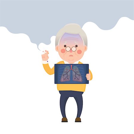 simsearch:400-08379540,k - Vector Illustration of Old Man Smoking Cigarette While Holding X-ray Image Showing Lung Pulmonary Emphysema Problem, Cartoon Character Stock Photo - Budget Royalty-Free & Subscription, Code: 400-08787725