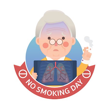 simsearch:400-08379540,k - Vector Illustration of Old Man Smoking Cigarette While Holding X-ray Image Showing Lung Pulmonary Emphysema Problem With No Smoking Day Ribbon Sign, Cartoon Character Stock Photo - Budget Royalty-Free & Subscription, Code: 400-08787728