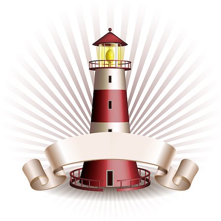 posters with ribbon banner - Nautical emblem with Red lighthouse and ribbon. Marine summer travel banner. Vector illustration Stock Photo - Budget Royalty-Free & Subscription, Code: 400-08787731