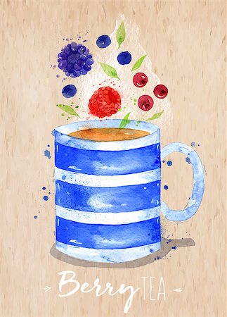simsearch:400-08788125,k - Watercolor teacup with tea, berry, blackberry cranberry blueberry, raspberry drawing on kraft paper background Stock Photo - Budget Royalty-Free & Subscription, Code: 400-08788124