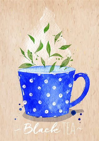 simsearch:400-08788133,k - Watercolor teacup with black tea drawing on kraft paper background Stock Photo - Budget Royalty-Free & Subscription, Code: 400-08788126