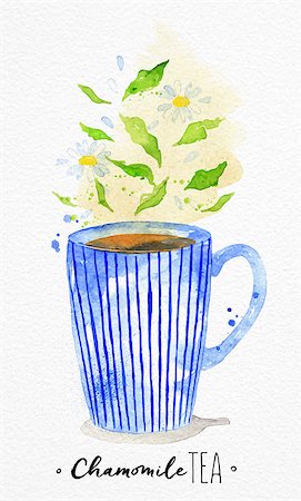 simsearch:400-08788125,k - Watercolor teacup with chamomile tea drawing on watercolor paper background Stock Photo - Budget Royalty-Free & Subscription, Code: 400-08788121
