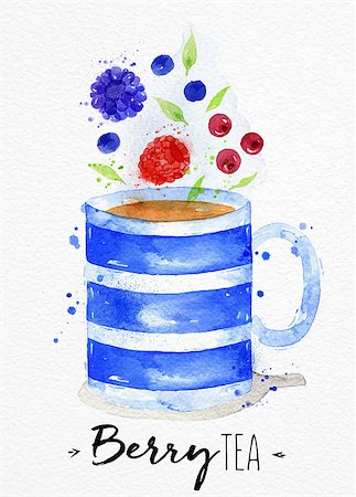 simsearch:400-08788125,k - Watercolor teacup with tea, berry, blackberry cranberry blueberry, raspberry drawing on watercolor paper background Stock Photo - Budget Royalty-Free & Subscription, Code: 400-08788123