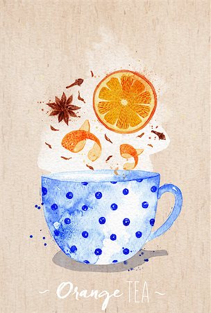simsearch:400-08788133,k - Watercolor teacup with orange tea, cloves, anise drawing on kraft paper background Stock Photo - Budget Royalty-Free & Subscription, Code: 400-08788134