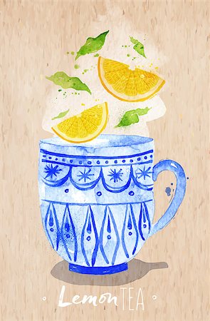 simsearch:400-08788133,k - Watercolor teacup with lemon tea drawing on kraft paper background Stock Photo - Budget Royalty-Free & Subscription, Code: 400-08788136
