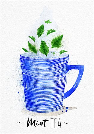 Watercolor teacup with mint tea drawing on watercolor paper background Stock Photo - Budget Royalty-Free & Subscription, Code: 400-08788137