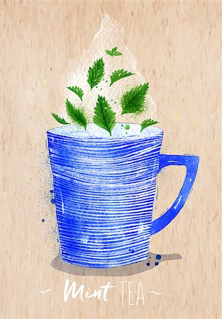 simsearch:400-08788133,k - Watercolor teacup with mint tea drawing on kraft paper background Stock Photo - Budget Royalty-Free & Subscription, Code: 400-08788138