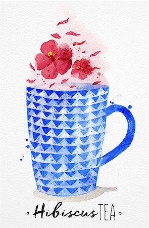 simsearch:400-08788133,k - Watercolor teacup with red tea, hibiscus drawing on watercolor paper background Stock Photo - Budget Royalty-Free & Subscription, Code: 400-08788131