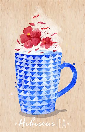 simsearch:400-08788125,k - Watercolor teacup with red tea, hibiscus drawing on kraft paper background Stock Photo - Budget Royalty-Free & Subscription, Code: 400-08788132