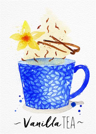 simsearch:400-08788133,k - Watercolor teacup with vanilla tea, vanilla flower drawing on watercolor paper background Stock Photo - Budget Royalty-Free & Subscription, Code: 400-08788141
