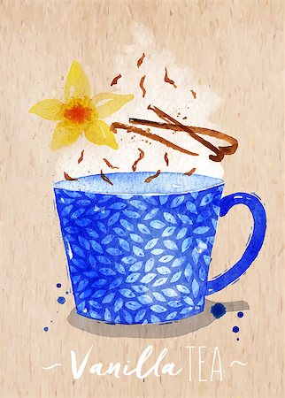 simsearch:400-08788125,k - Watercolor teacup with vanilla tea, vanilla flower drawing on kraft paper background Stock Photo - Budget Royalty-Free & Subscription, Code: 400-08788142
