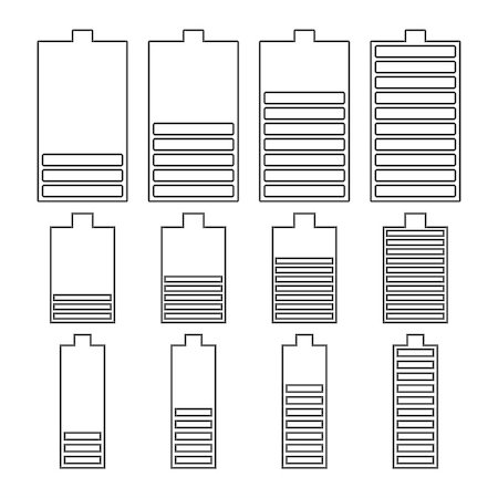 Set outline icons battery level, low, medium, full. The flat style and thin lines, the vertical arrangement of the power supply components. Isolated on white background, vector illustration. Stock Photo - Budget Royalty-Free & Subscription, Code: 400-08788579