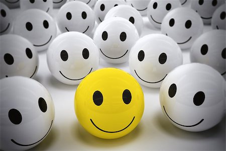 3D Rendering yellow ball with smiley face among so many white smiling balls. happy leader supports his team Stock Photo - Budget Royalty-Free & Subscription, Code: 400-08788812