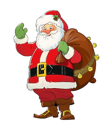 Santa Claus with gift sack. Christmas. Raster illustration, isolated white background. Winter holiday. New year celebrating. Xmas cartoon character. Stock Photo - Budget Royalty-Free & Subscription, Code: 400-08789064