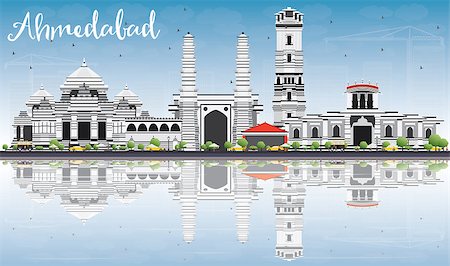 Ahmedabad Skyline with Gray Buildings, Blue Sky and Reflections. Vector Illustration. Business Travel and Tourism Concept with Historic Buildings. Image for Presentation Banner Placard and Web Site. Foto de stock - Super Valor sin royalties y Suscripción, Código: 400-08789066