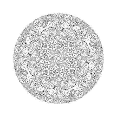 Round detailed Mendie Mandala with butterflies on the meadow. Can be used for coloring book. Vector illustration Stock Photo - Budget Royalty-Free & Subscription, Code: 400-08789152