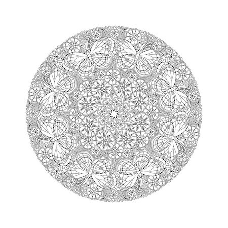 Round detailed Mendie Mandala with butterflies on the meadow. Can be used for coloring book. Vector illustration Foto de stock - Super Valor sin royalties y Suscripción, Código: 400-08789152