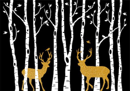 simsearch:400-07115285,k - Christmas card with golden reindeer and birch trees forest on black background, vector illustration Stock Photo - Budget Royalty-Free & Subscription, Code: 400-08789164