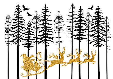 silhouettes of eagle in tree - Christmas card with golden Santa Claus and his sleigh with flying reindeer on white background, vector illustration Stock Photo - Budget Royalty-Free & Subscription, Code: 400-08789165